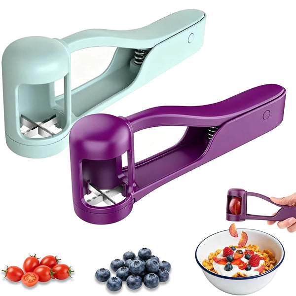 Lila Multifunktions-Slicer-Werkzeug neben frischen Obst- und Gemüsesorten.