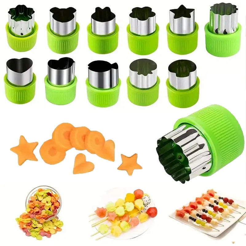 A set of 12 stainless steel vegetable and fruit molds in various sizes and colors, including green and silver.
