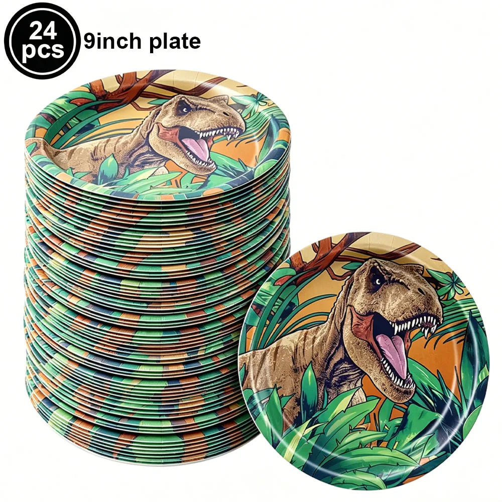 A stack of 24 dinosaur-themed plates and one individual plate featuring a realistic dinosaur illustration.