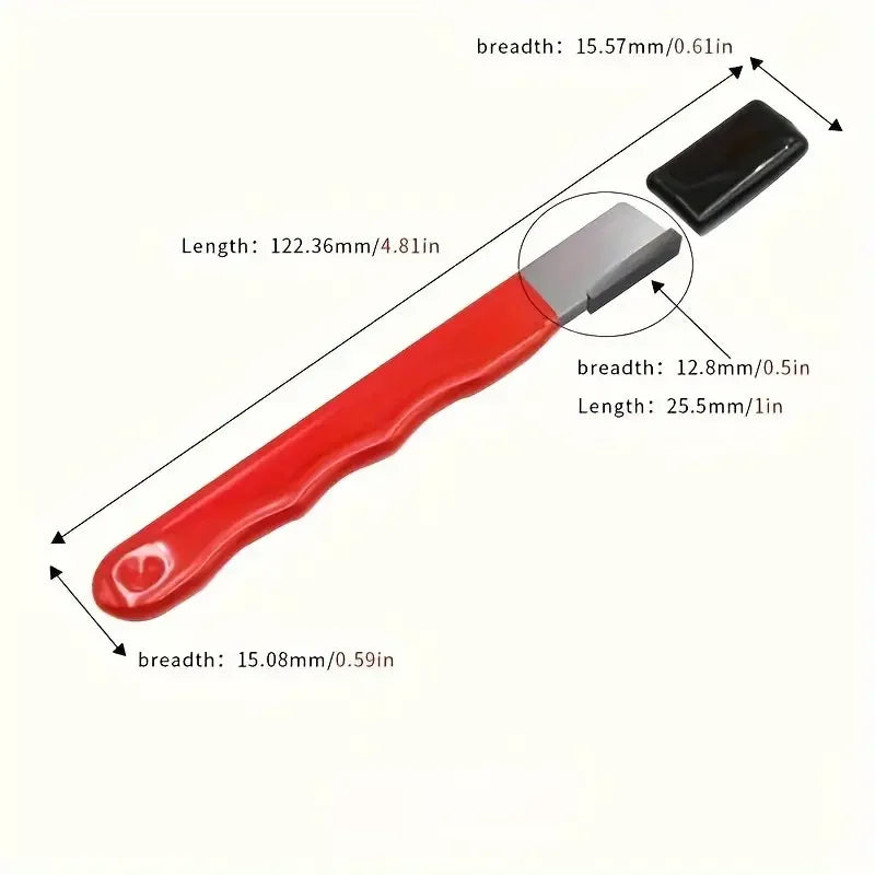 A red and black multi-material knife sharpener with dimensions labeled.