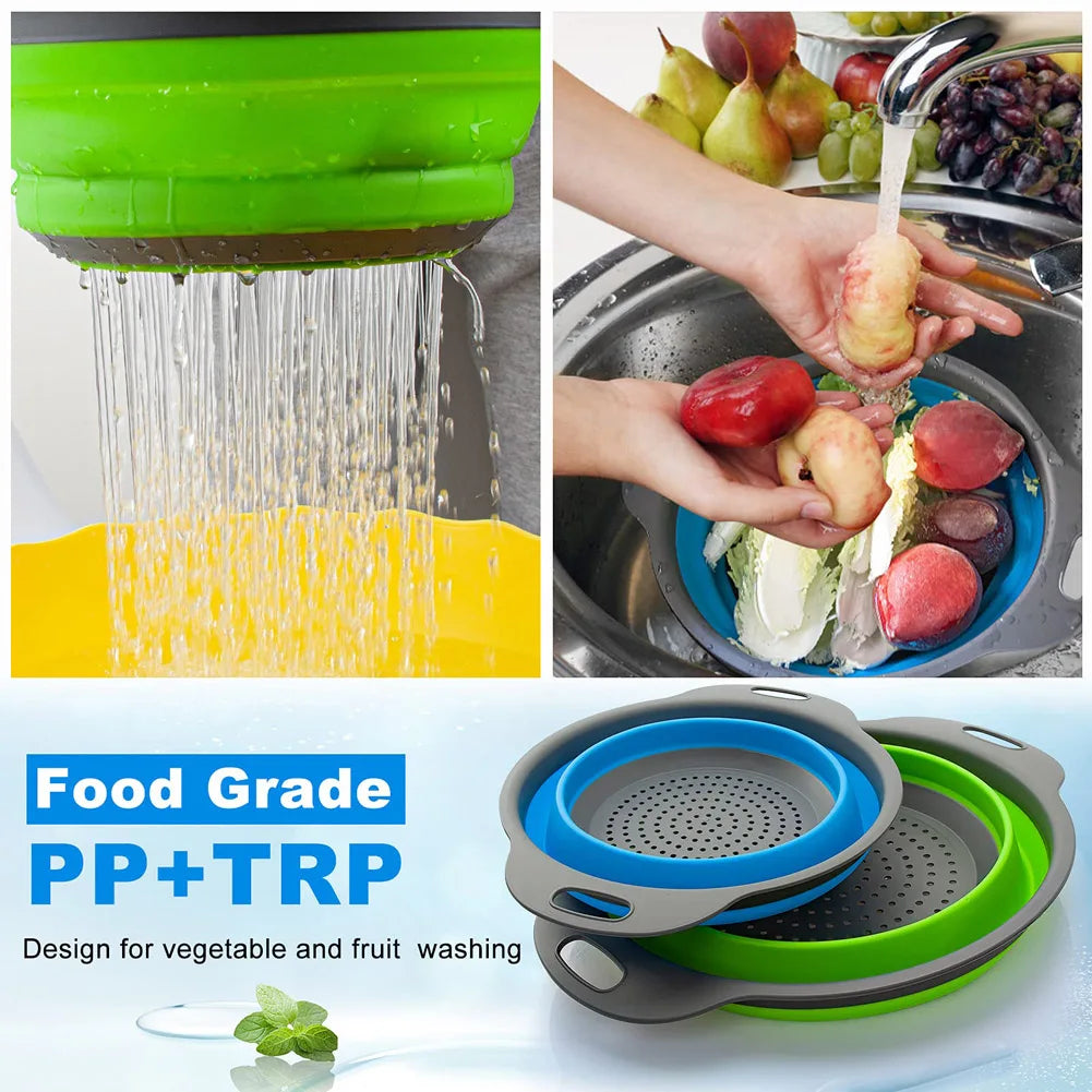 Silicone folding drain basket used for washing vegetables and fruit.