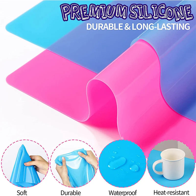 Colorful silicone mats demonstrating soft, durable, waterproof, and heat-resistant properties for crafts.