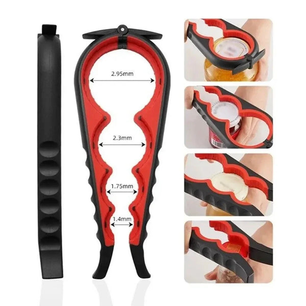 Schwarzes Edelstahl-Multitool-Glas und Dosenöffner mit roten Akzenten in verschiedenen Winkeln.