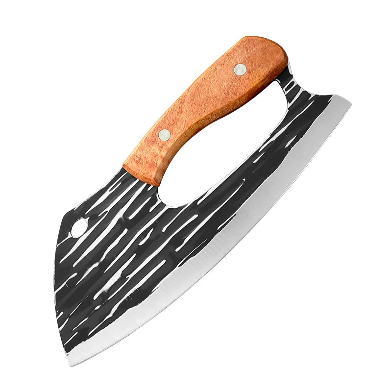 Hand-forged boning kitchen knife with a black and white patterned blade and a wooden handle