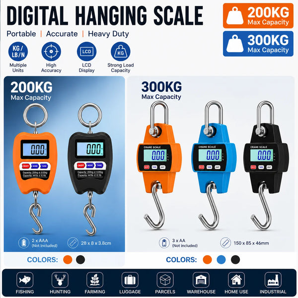 Digital hanging scale showing various capacities and colors for fishing, hunting, farming, luggage, parcels, warehouse, home 