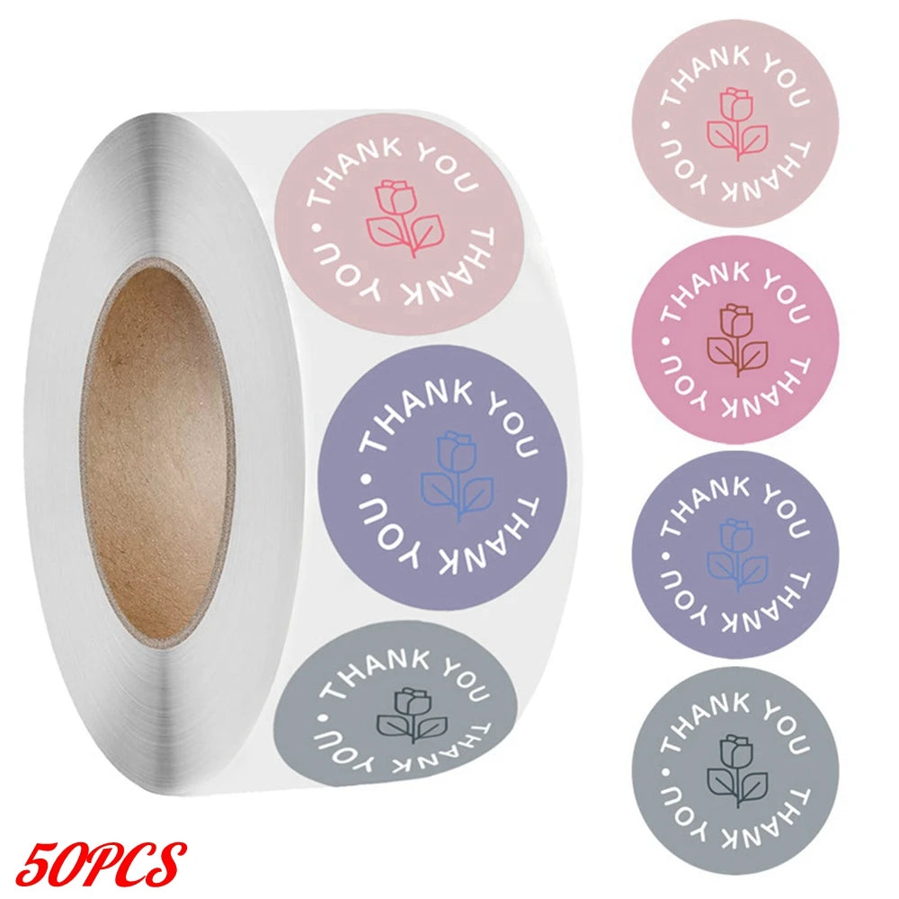 Roll of 50 pink thank you adhesive stickers for crafting with various floral designs