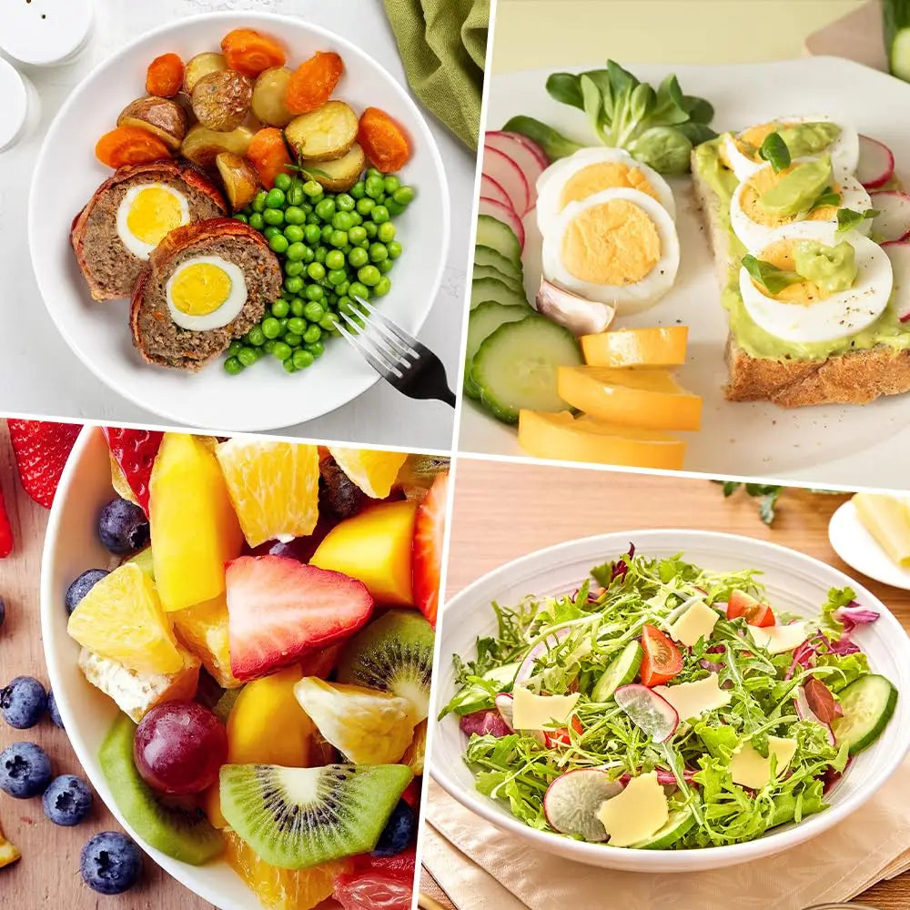 A plate featuring a colorful breakfast with eggs, vegetables, and fruit slices.