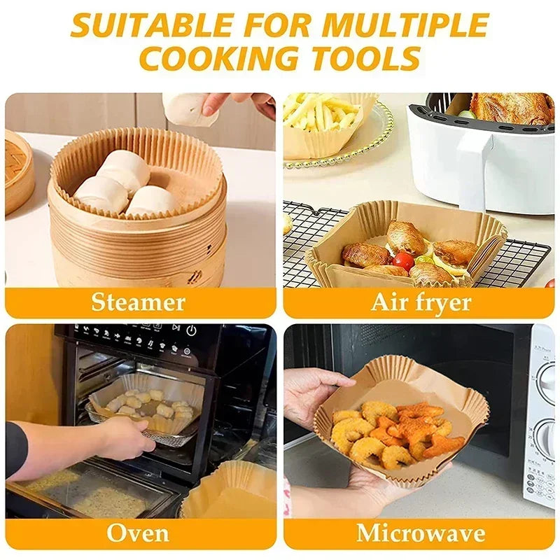 Reusable silicone baking liners shown in various cooking contexts including a steamer, air fryer, oven, and microwave.