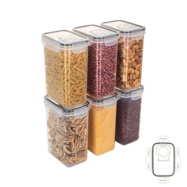 A set of five clear airtight reusable food storage containers filled with various brown and reddish spices or herbs.