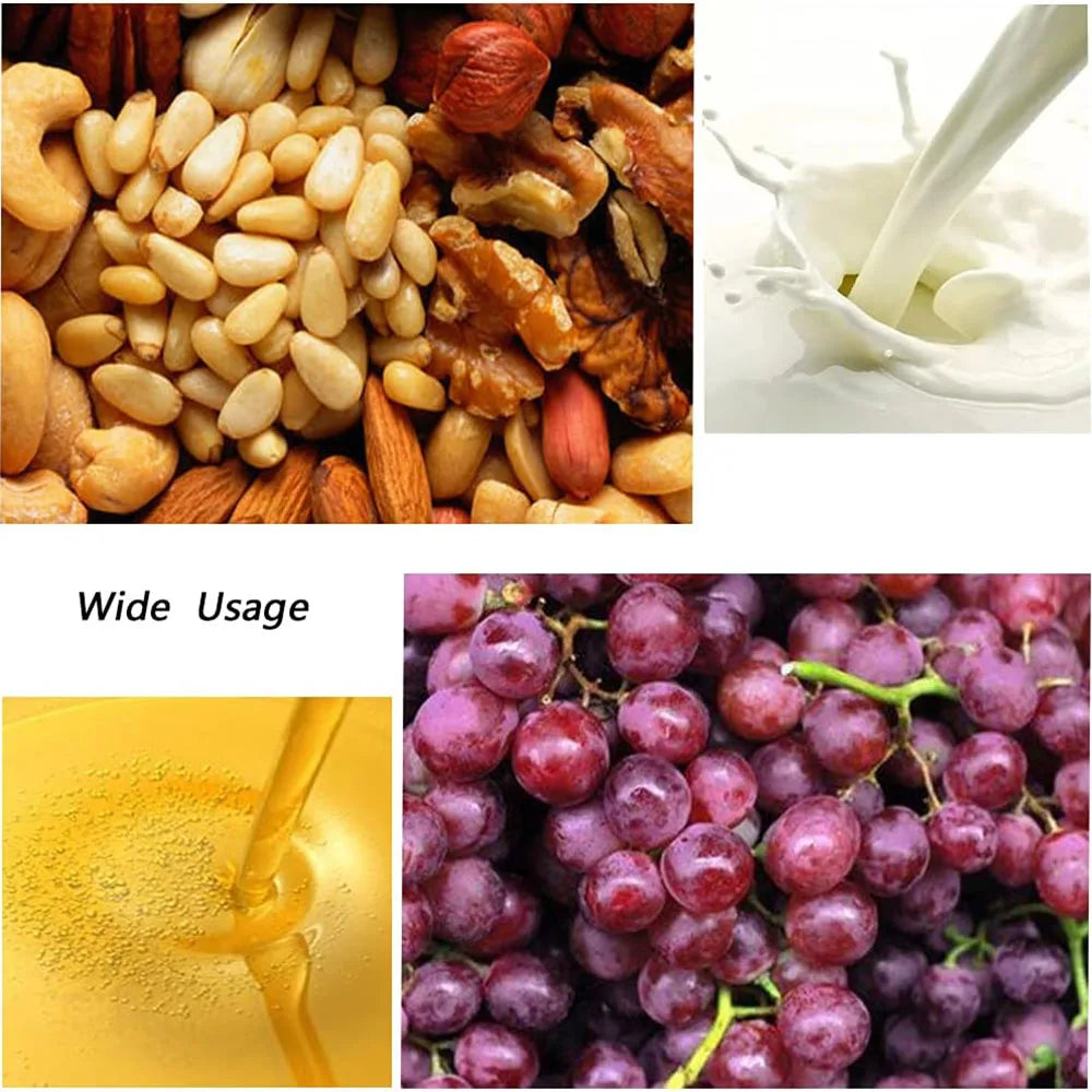 A collection of various nuts and dried fruits next to a white liquid in a glass pitcher.