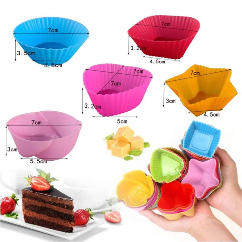 A set of silicone muffin and cake baking molds in various colors including blue, pink, orange, and yellow, shown next to a sl