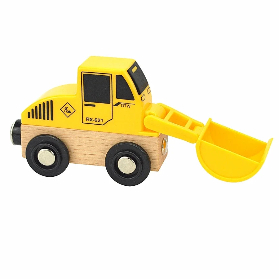 Yellow wooden train car set with a black cab and a yellow scoop attached.