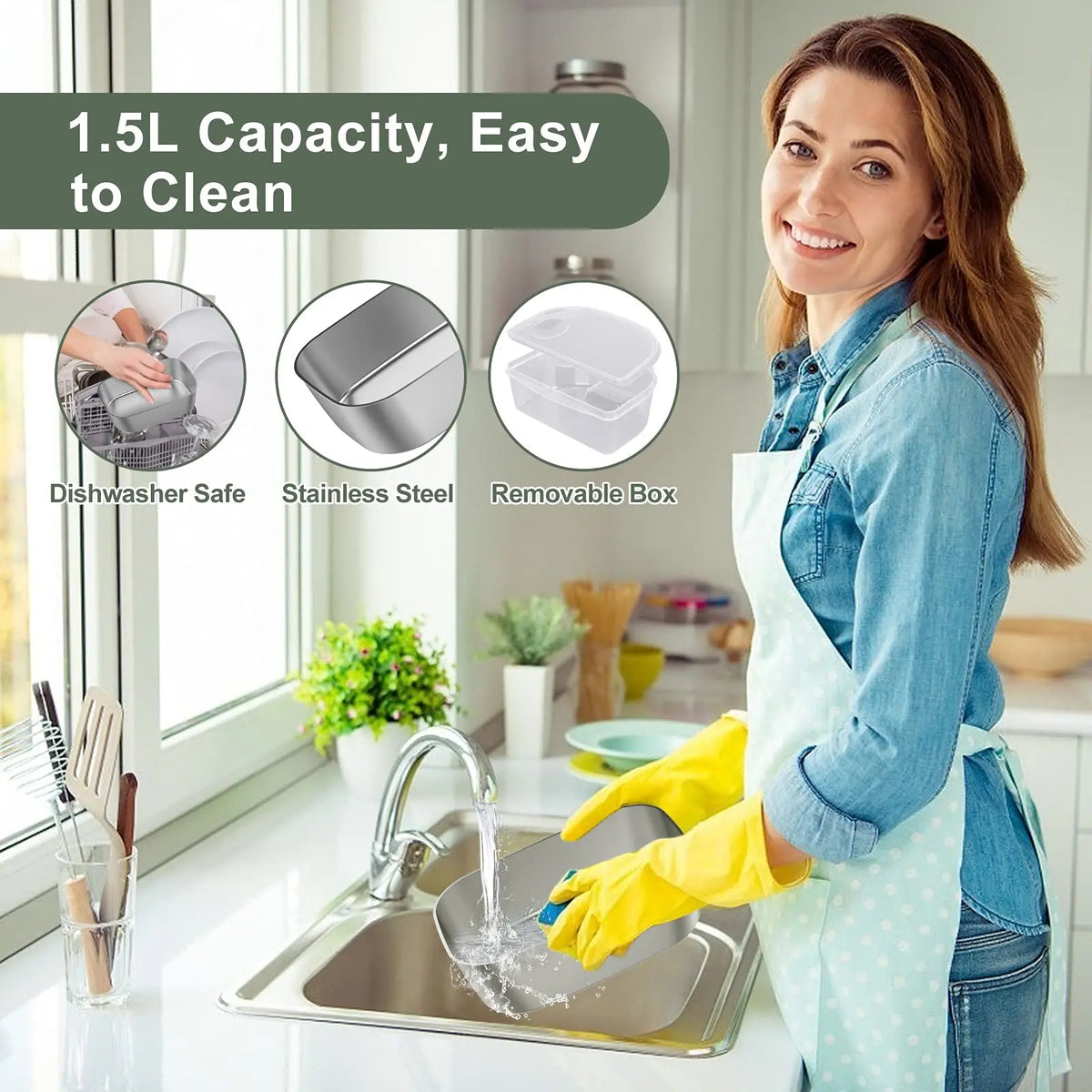 A woman is cleaning a stainless steel lunch box in a kitchen sink, demonstrating its ease of use.