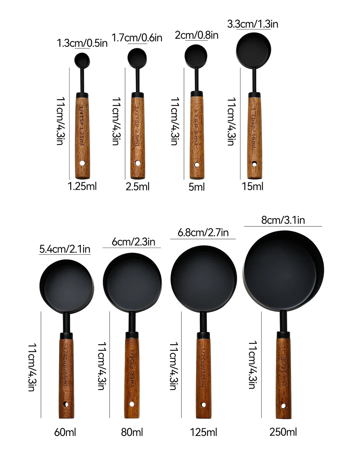 A set of stainless steel measuring spoons with wooden handles, showing various volumes from 1.25ml to 250ml.