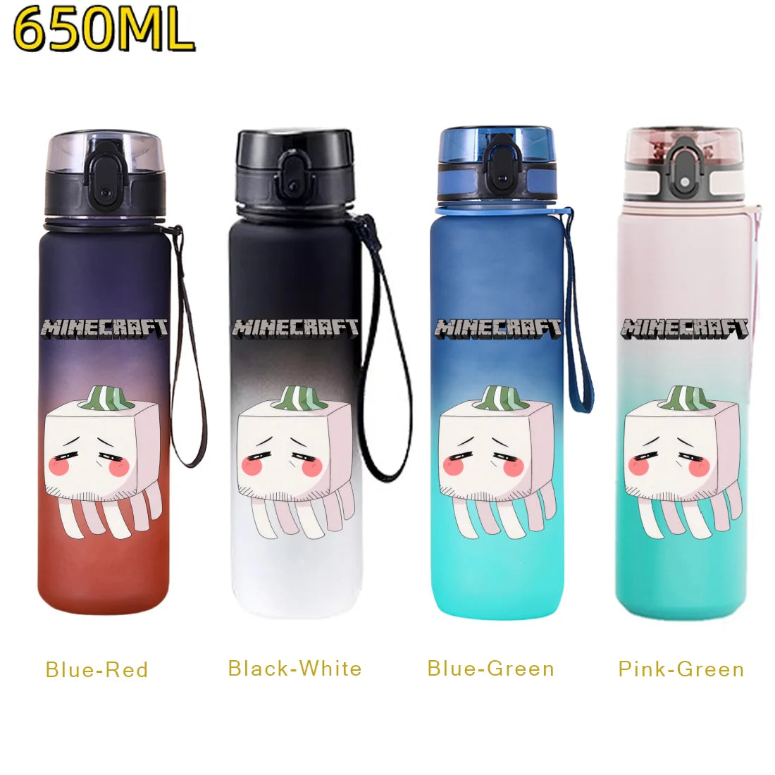 Five colored insulated sports water bottles featuring Minecraft themed designs: Blue-Red, Black-White, Blue-Green, and Pink-G
