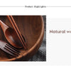 A close-up of a dark brown wooden dining set featuring a spoon, fork, and chopsticks placed in a wooden bowl.