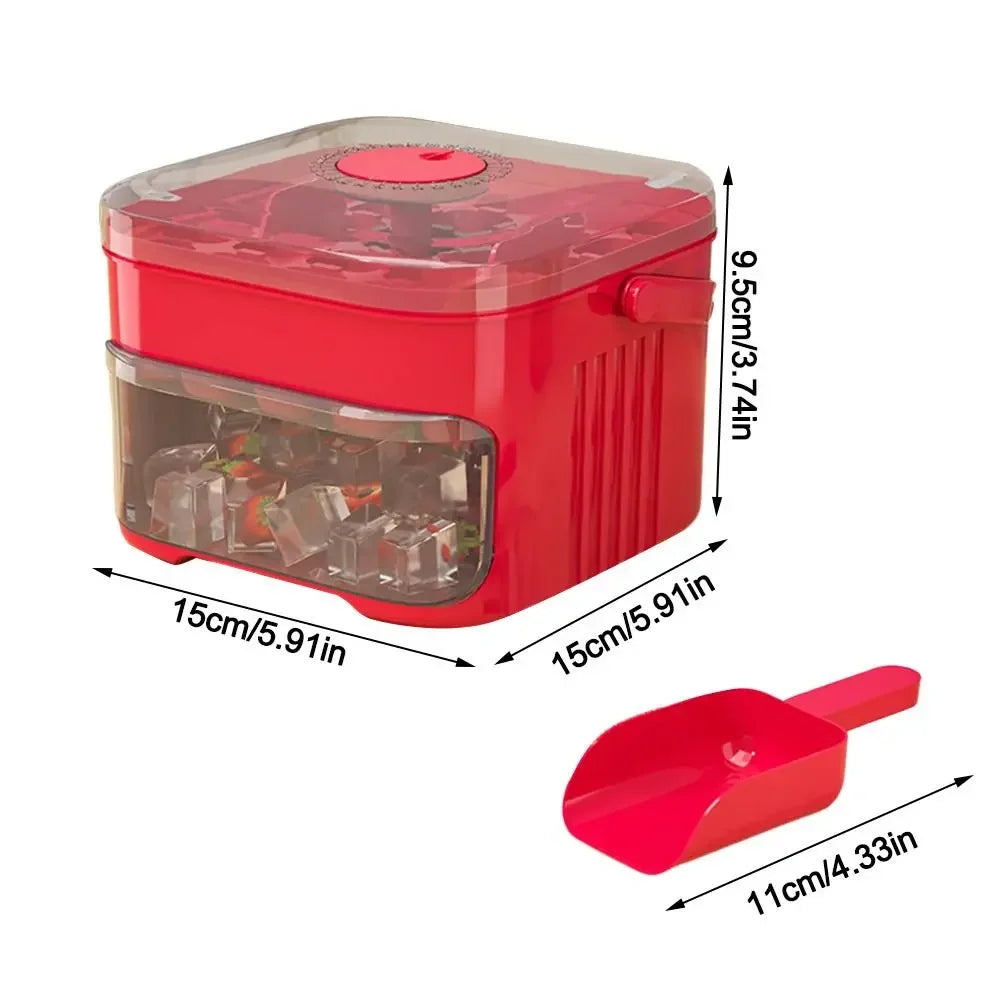 A red refrigerator ice maker with a clear lid and a pink spatula shown next to the product.