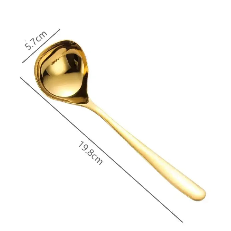 A golden stainless steel hot pot colander spoon with a 5.7cm bowl and a 19.8cm handle.