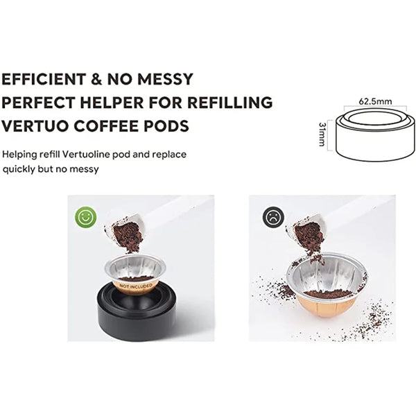 A reusable kit for refilling Vertuo coffee pods, showing a pod being replaced in a small cup.
