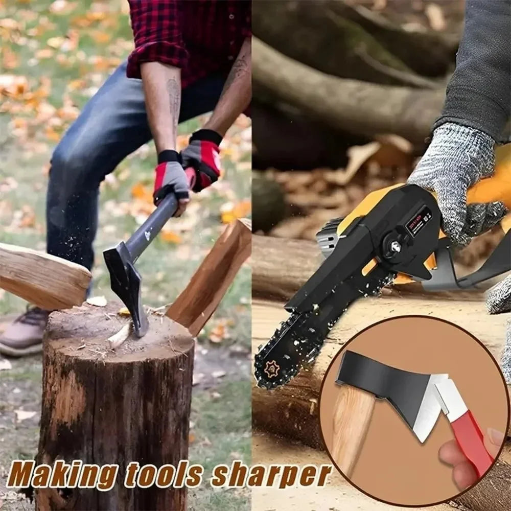 A person uses a precision handheld metal knife sharpener to sharpen a wooden tool.