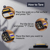 Instructional diagram showing how to tare a high precision digital pocket scale by pressing the On and Tare buttons.