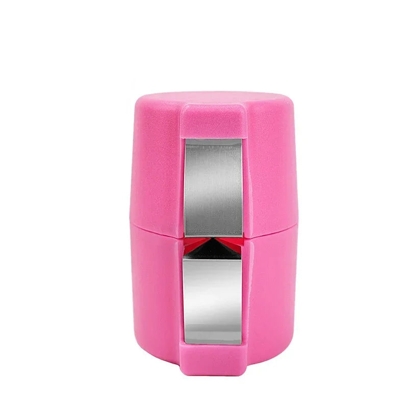 A pink portable egg shell opener and separator tool with silver components.