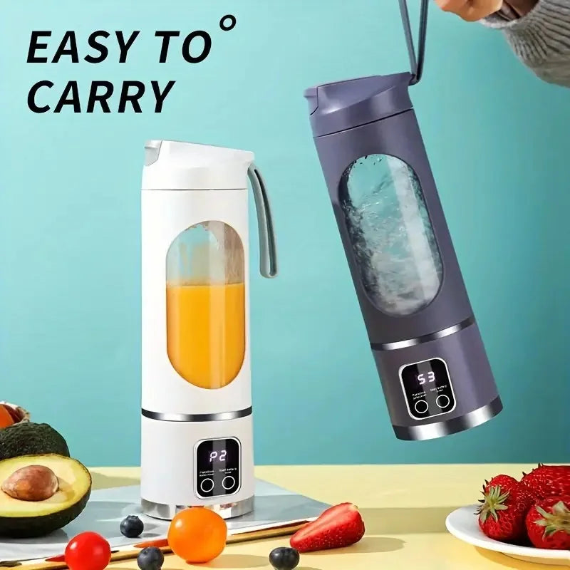 A purple portable handheld juicer blender is shown next to fresh fruits like strawberries, apples, and citrus.