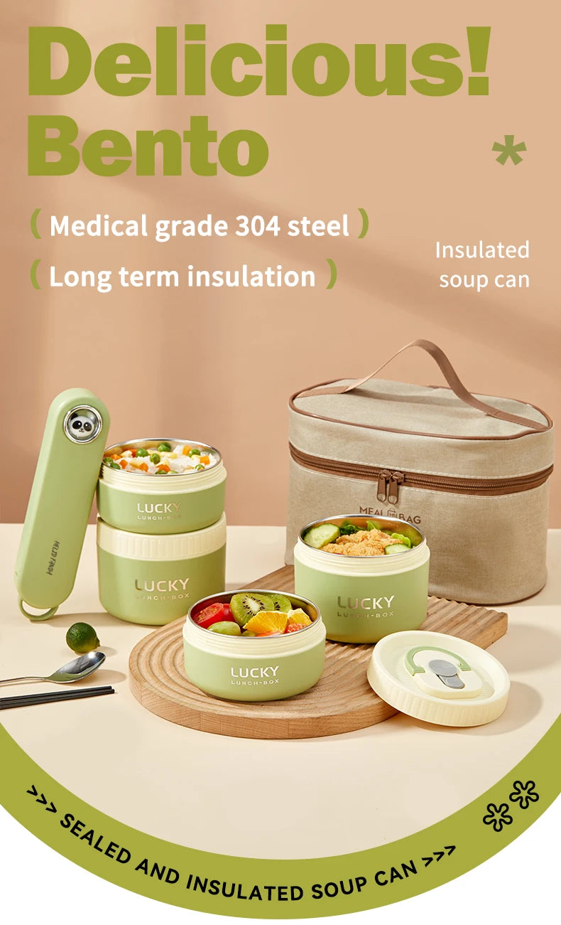 A stack of green and beige lucky soup cans and an insulated food bag are displayed on a wooden surface.