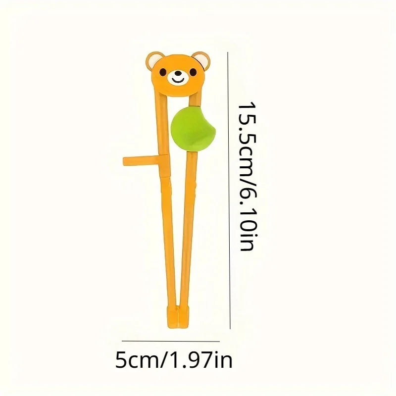 An orange wooden training set of chopsticks shaped like a bear for kids to learn