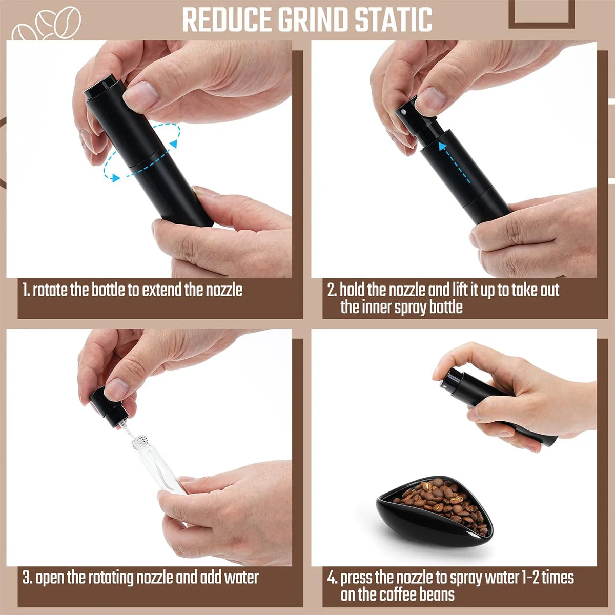 Instructions for using a ceramic coffee dosing and spray kit to reduce grind static on coffee beans.