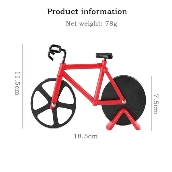 Rotes, fahrradförmiges Pizzaschneider mit schwarzem Schneiddisk und Lenker.