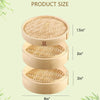 Three sizes of bamboo steamers shown, with diameters of 1.5 inches and 2 inches, and a base diameter of 8 inches.