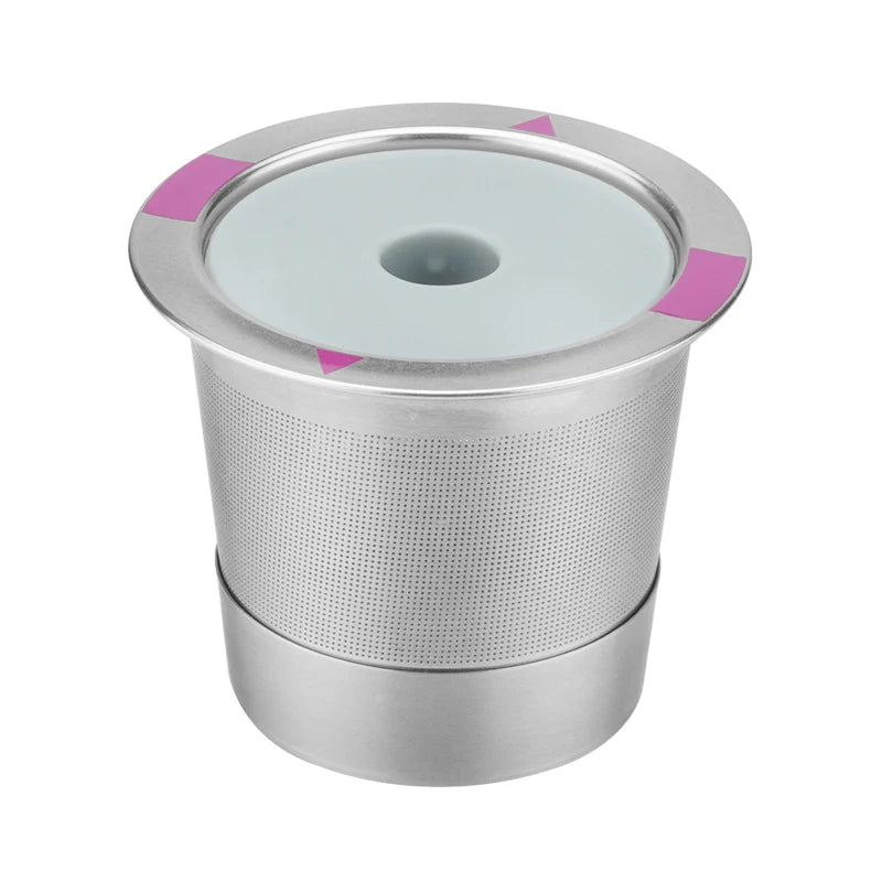 Reusable stainless steel K-cup coffee filters with a perforated body and a silver lid