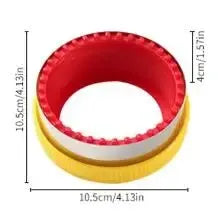 A set of red and yellow geometric sandwich cutters and sealers shown with dimensions.