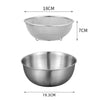 A set of three stainless steel mixing bowls with measuring scales shown in different views.