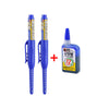 A blue precision deep hole marker pen with a black cap and packaging information.