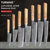 A set of seven Japanese Damascus steel kitchen knives with wooden handles displayed against a dark background.