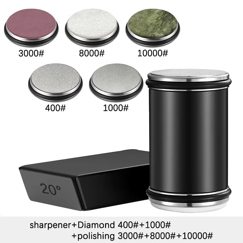 A set of diamond sharpening rollers and a black sharpening block with various numbered diamonds for knife sharpening.