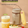 A set of multi-specification stackable thermal lunch boxes in beige and yellow, with a yellow insulated bottle nearby.
