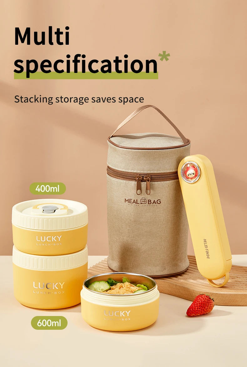 A set of multi-specification stackable thermal lunch boxes in beige and yellow, with a yellow insulated bottle nearby.