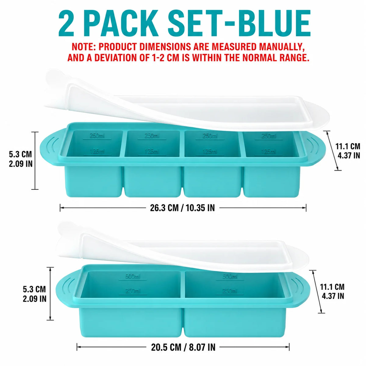 A set of two blue silicone freezing trays for meal prep, showing different sizes and shapes.