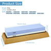 A rectangular knife sharpening stone set with a wooden base and layered colored stones.