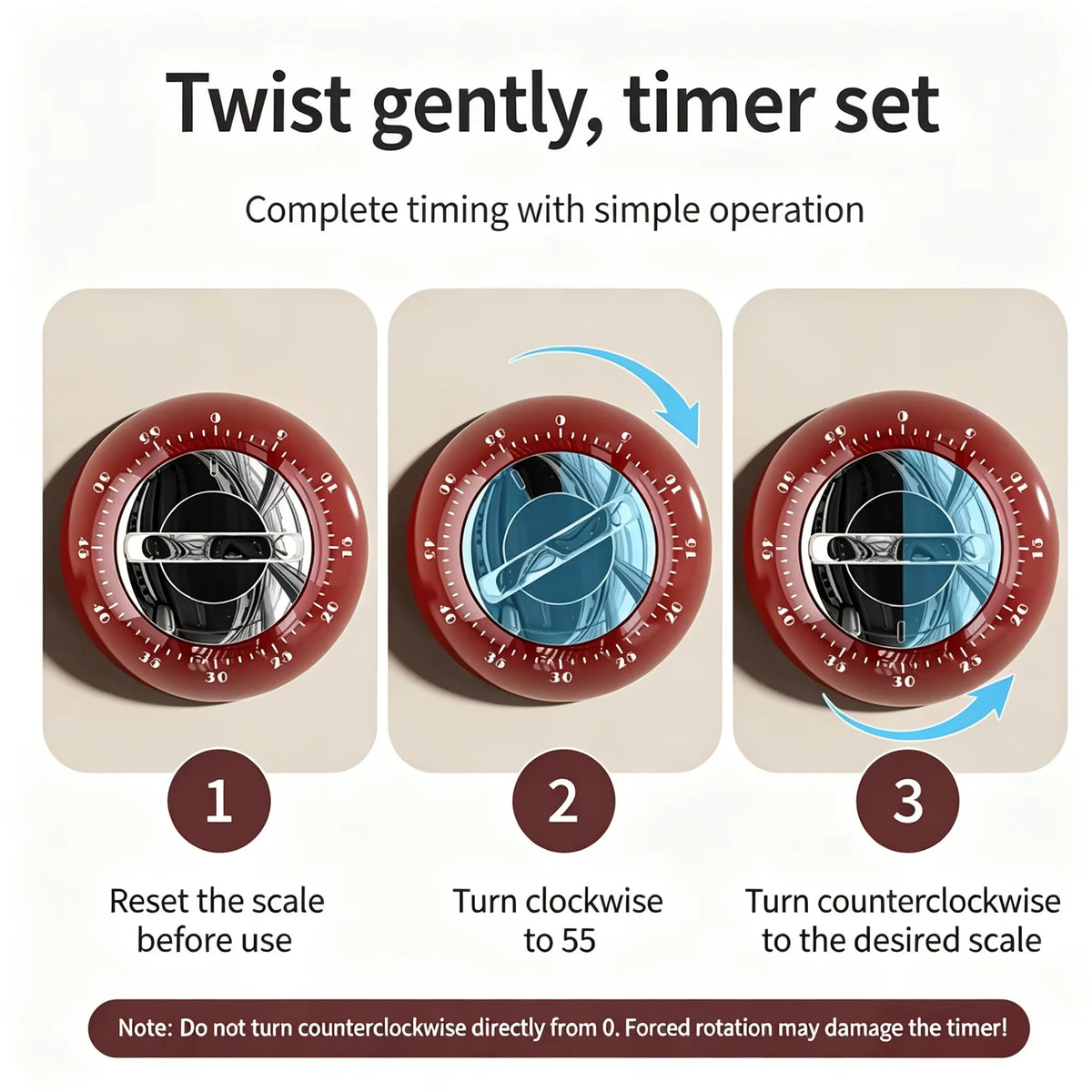 A set of three magnetic kitchen timers demonstrating how to twist gently to set the desired time scale.
