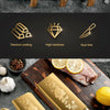 A set of four golden rose stainless steel chef knives displayed on a wooden cutting board.