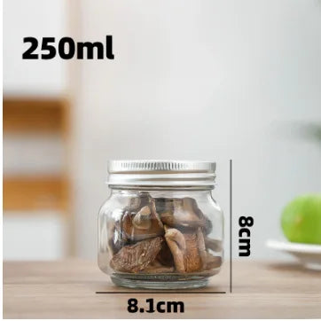 A glass jar filled with dried mushrooms, shown next to a measurement scale.