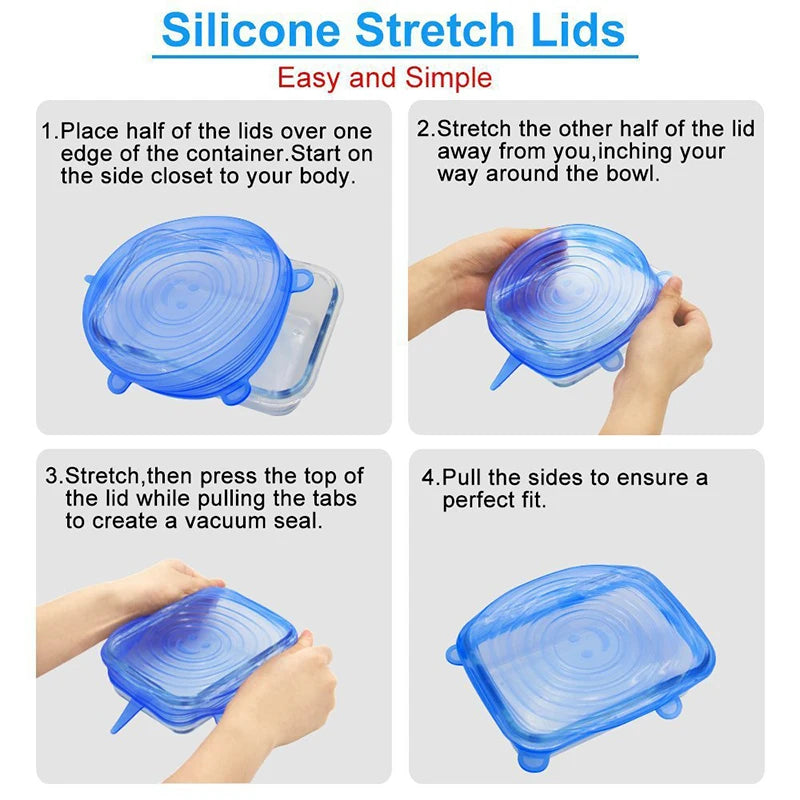 Instructions showing how to stretch and fit silicone stretch lids over a food container.