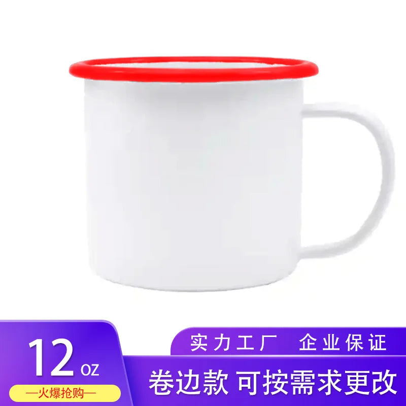 A white enamel mug with a red rim and a white handle.