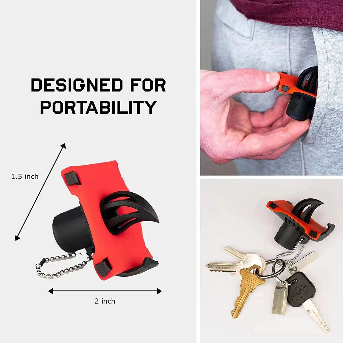 A red and black portable beer bottle opener tool shown next to a set of keys.