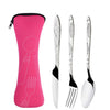 A pink storage case holds a set of durable stainless steel cutlery including a fork, knife, and spoon.