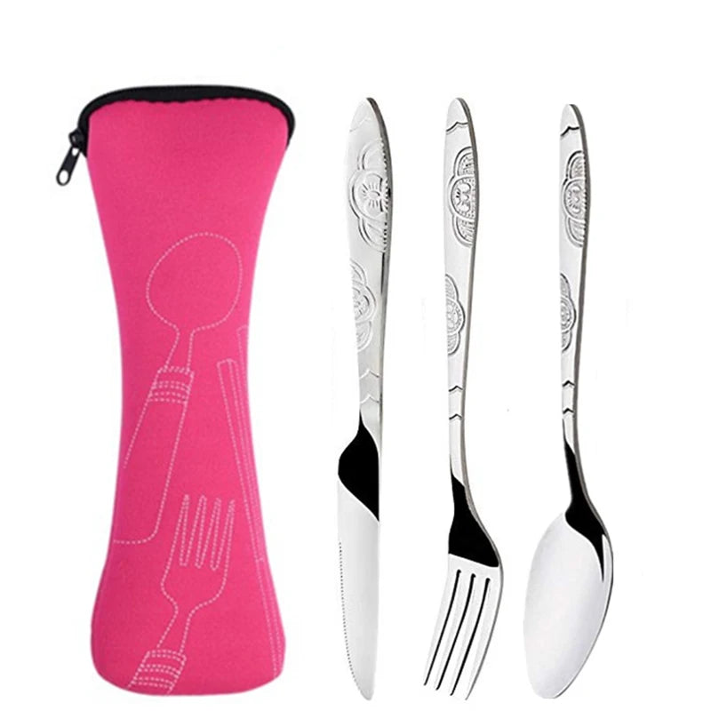A pink storage case holds a set of durable stainless steel cutlery including a fork, knife, and spoon.